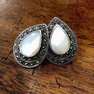 Vintage Sterling Silver Marcasite Mother of Pearl Teardrop Earrings